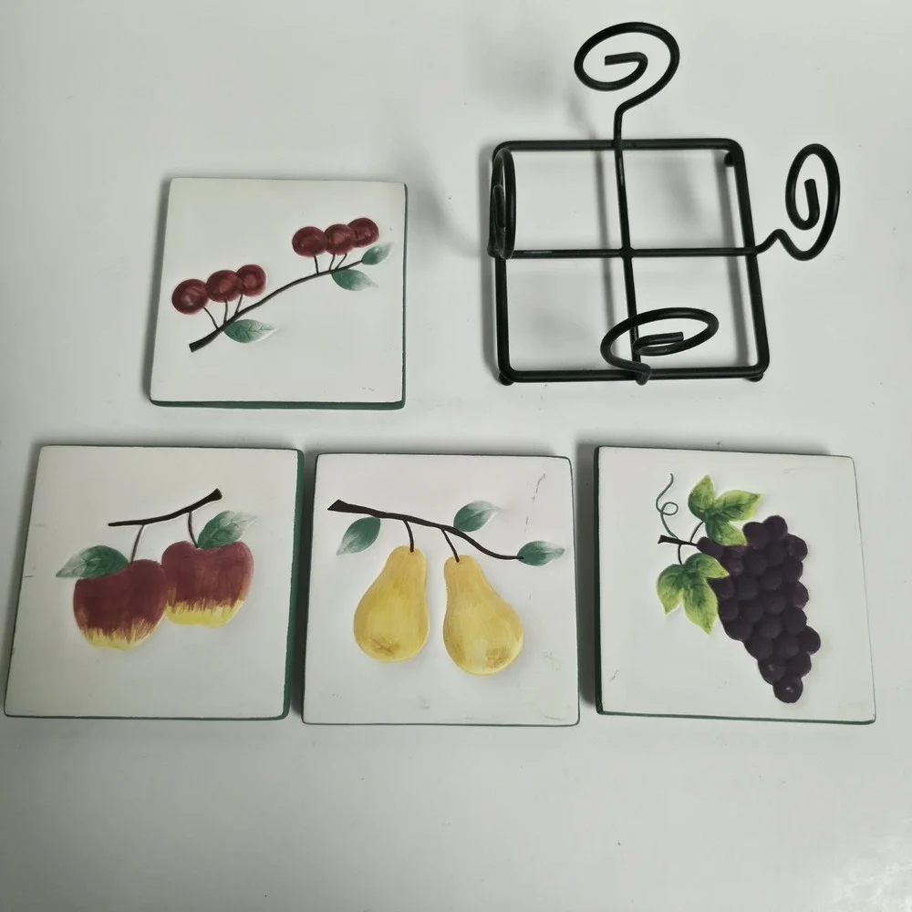 VTG Jackel Int'l Ceramic Fruit Coasters Tile Trivets W/ Metal Holder Set Of 4